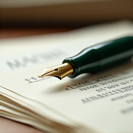 Close up of a luxury fountain pen and legal documents with meticulous focus