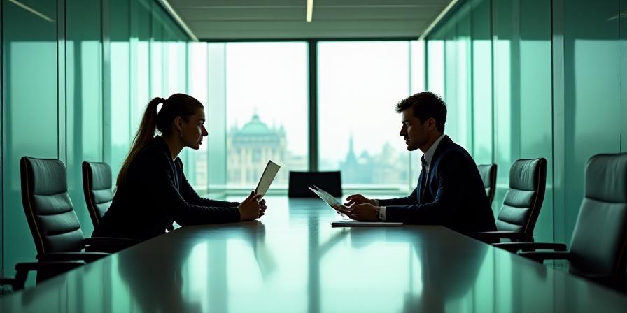 Two professionals discussing a contract in a modern boardroom