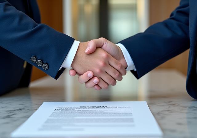 Two professionals shaking hands over a signed document