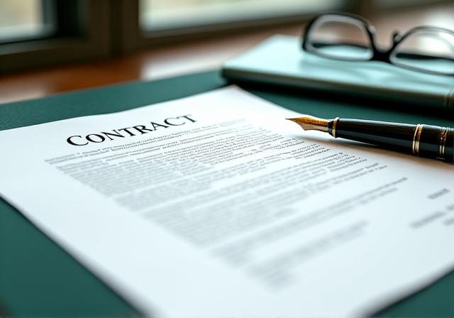 A legal professional reviewing a complex document with a warning icon