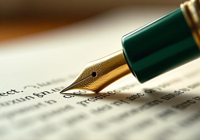 Close up of a luxury fountain pen resting on a crisp legal document