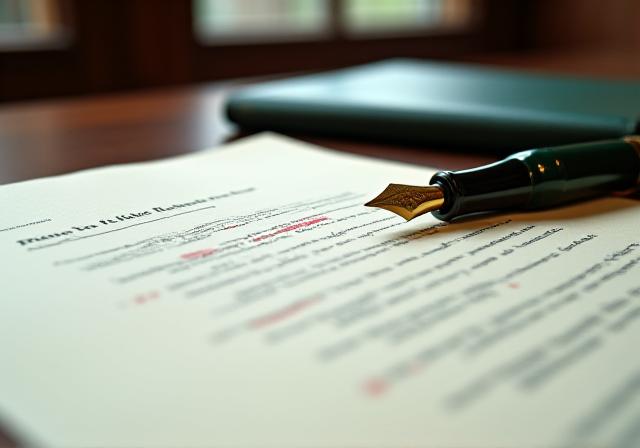 Close up of legal expert reviewing complex contract with a gold fountain pen