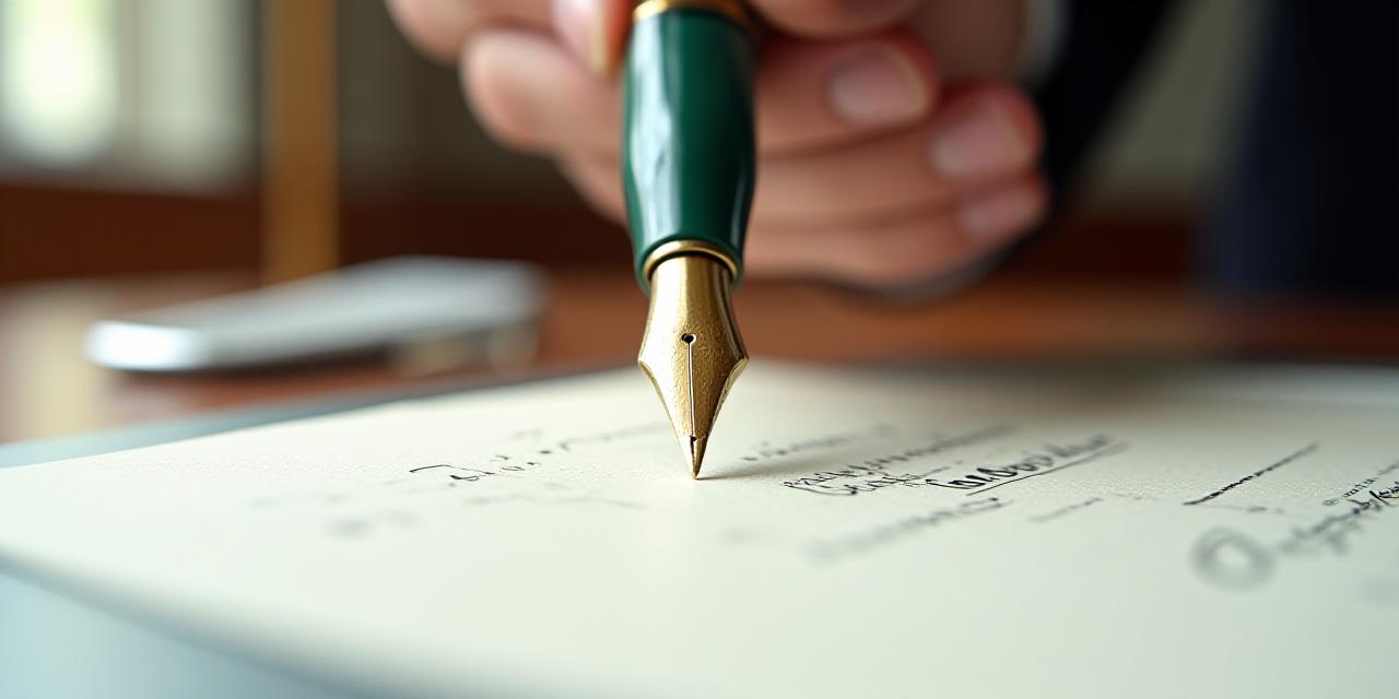 Close-up of a professional fountain pen signing a legal document on textured paper