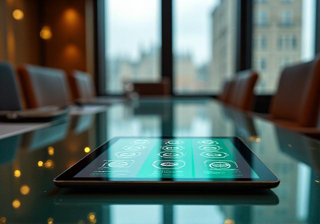 A clean, modern professional workspace with digital security symbols