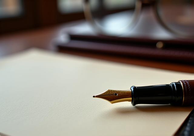 Lawyer's desk with parchment and fountain pen