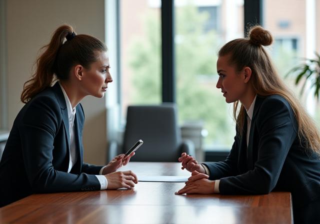 Two professionals discussing a contract in a modern, professional London law office
